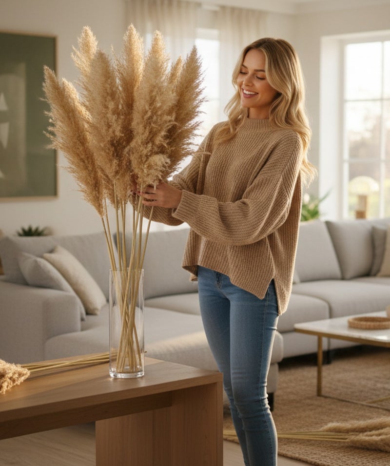 FANCY FLOWERS Natural Soft Pampas  XL Grass Dried Stems – Fluffy Beige Decorative Pampas for Home & Event Decor  (20) - Image 1